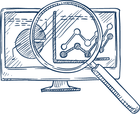 Illustration d'une loupe et graphiques sur ordinateur